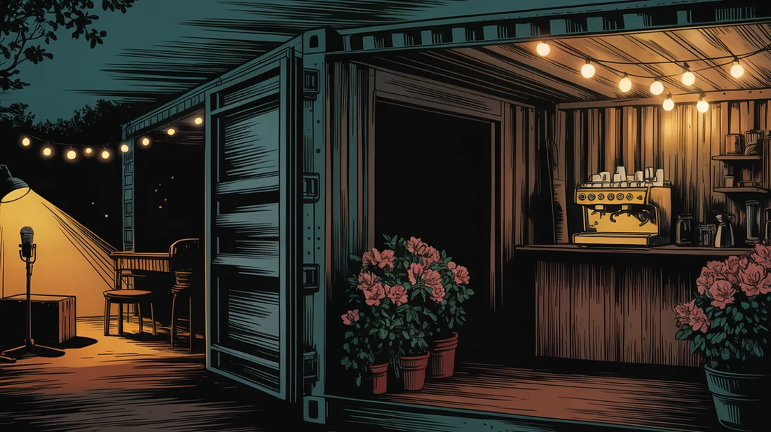 Illustration of The Azalea Station, a Cargo District coffee bar hosting the Comedy Powder Keg