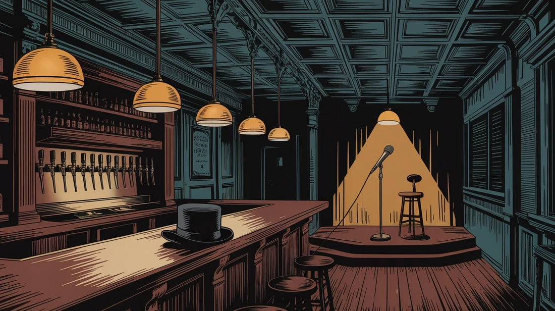 Illustration of Tavern Law 1832, the downtown bar hosting Wilmington's Monday comedy open mic